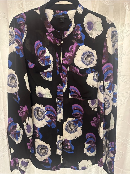 J. Crew Tops - J. Crew Black Floral Button-Up Silk Blouse with White and Purple Blooms